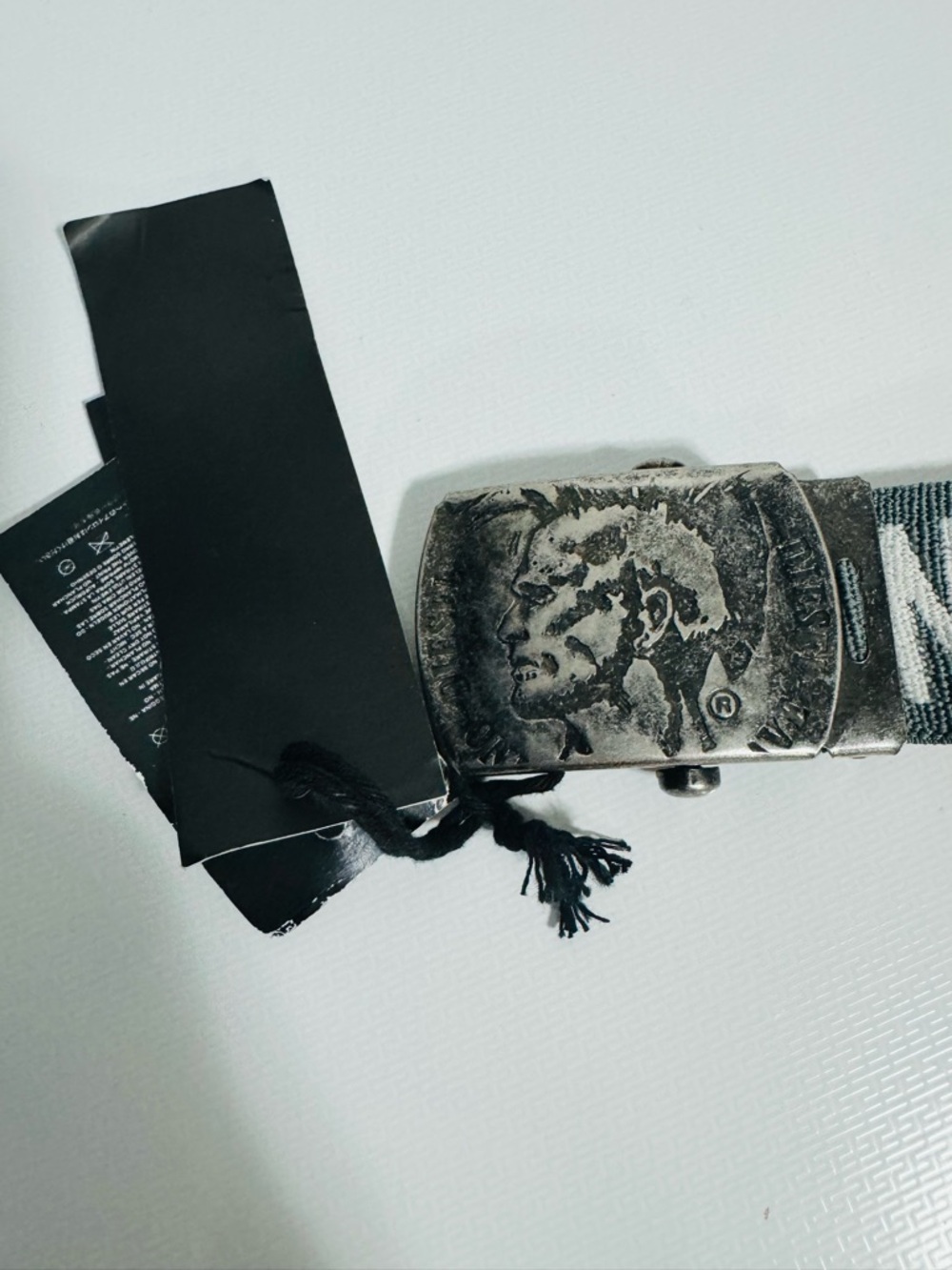 Diesel Grey Web Belt with Red & White Logo and Distressed Silver Buckle